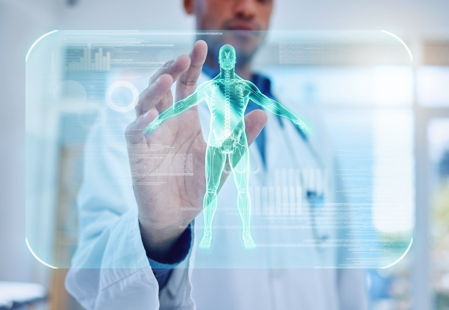 3D Xray, Hand or Doctor and Man Human Body Scan, Injury or Skeleton Ai in Surgery, Cancer Research or Hospital Healthcare Science. Zoom,  Ray or Medical Ai Interface of Bone Vr in Patient Hologram